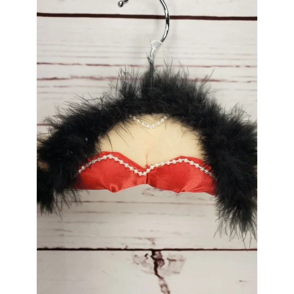 Burlesque-Inspired Decorative Hanger With Red Satin Black Feather Boa Faux Pearl